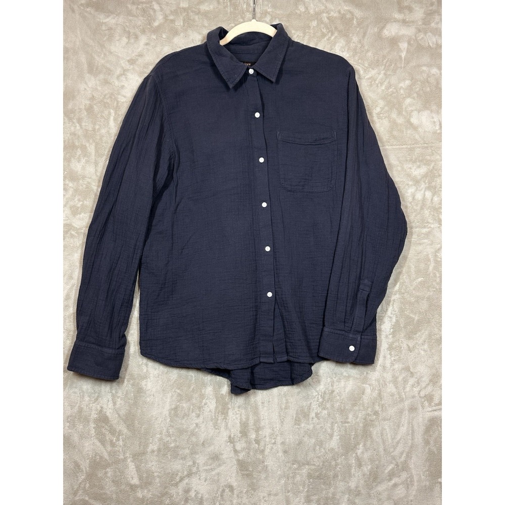 Quince Womens 100% Organic Cotton Gauze Long Sleeve Shirt Indigo Blue L